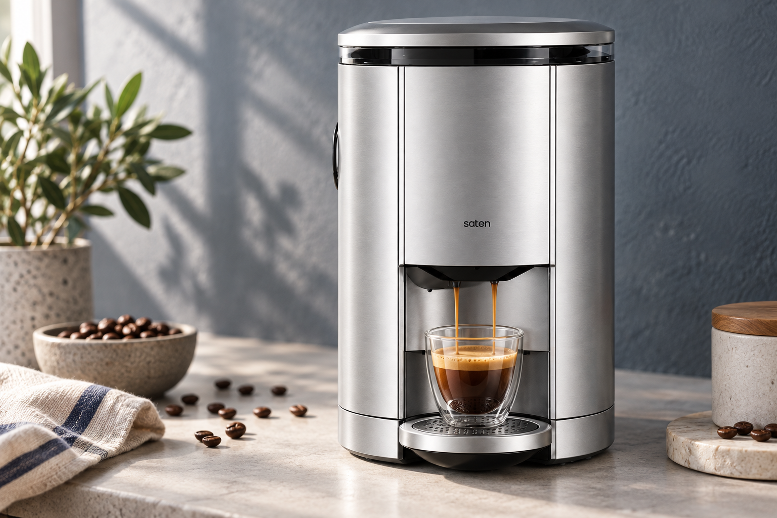 Close view of espresso flowing from the Satén automatic machine