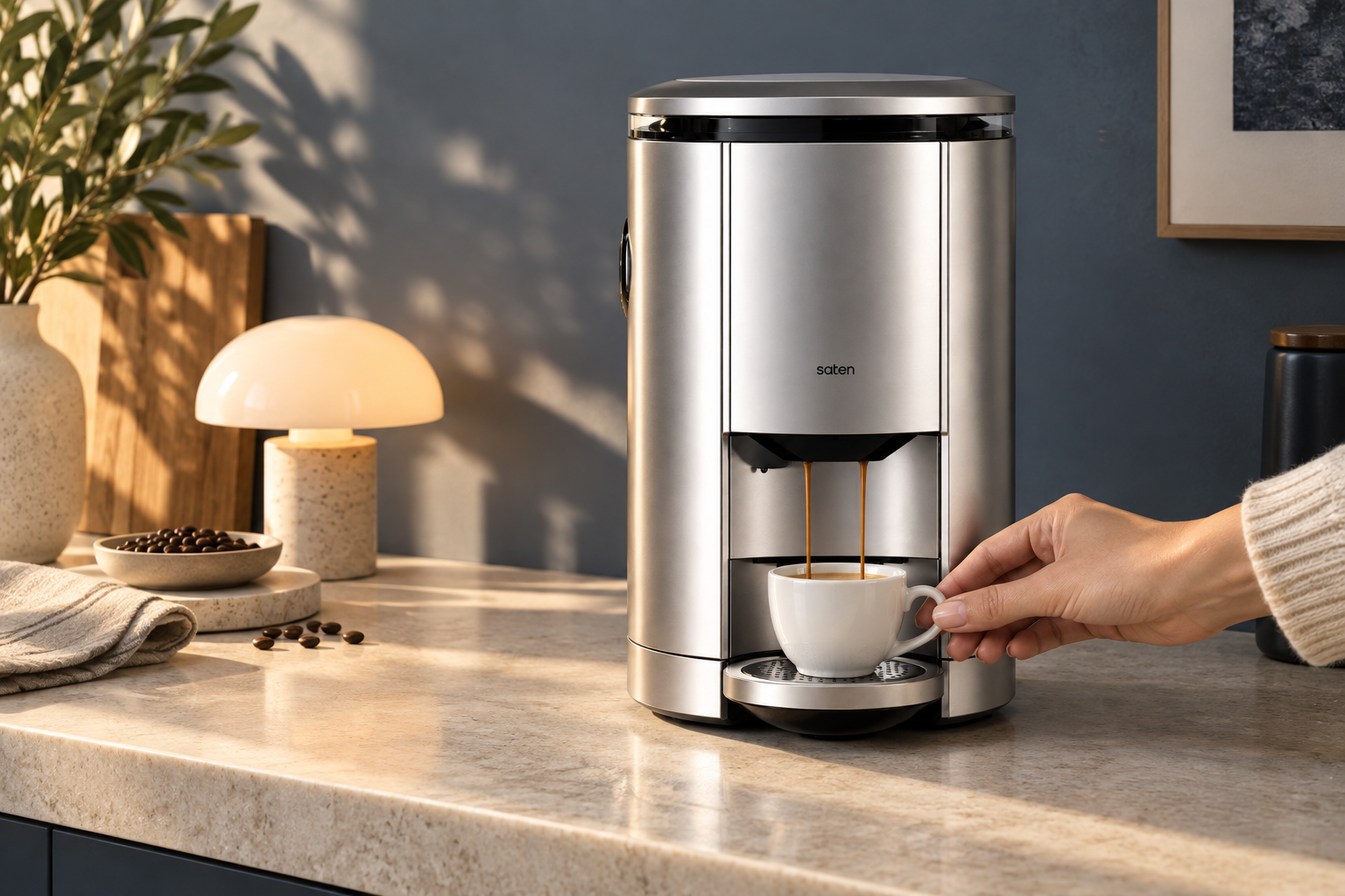 A Satén coffee machine in a calm, light-filled kitchen